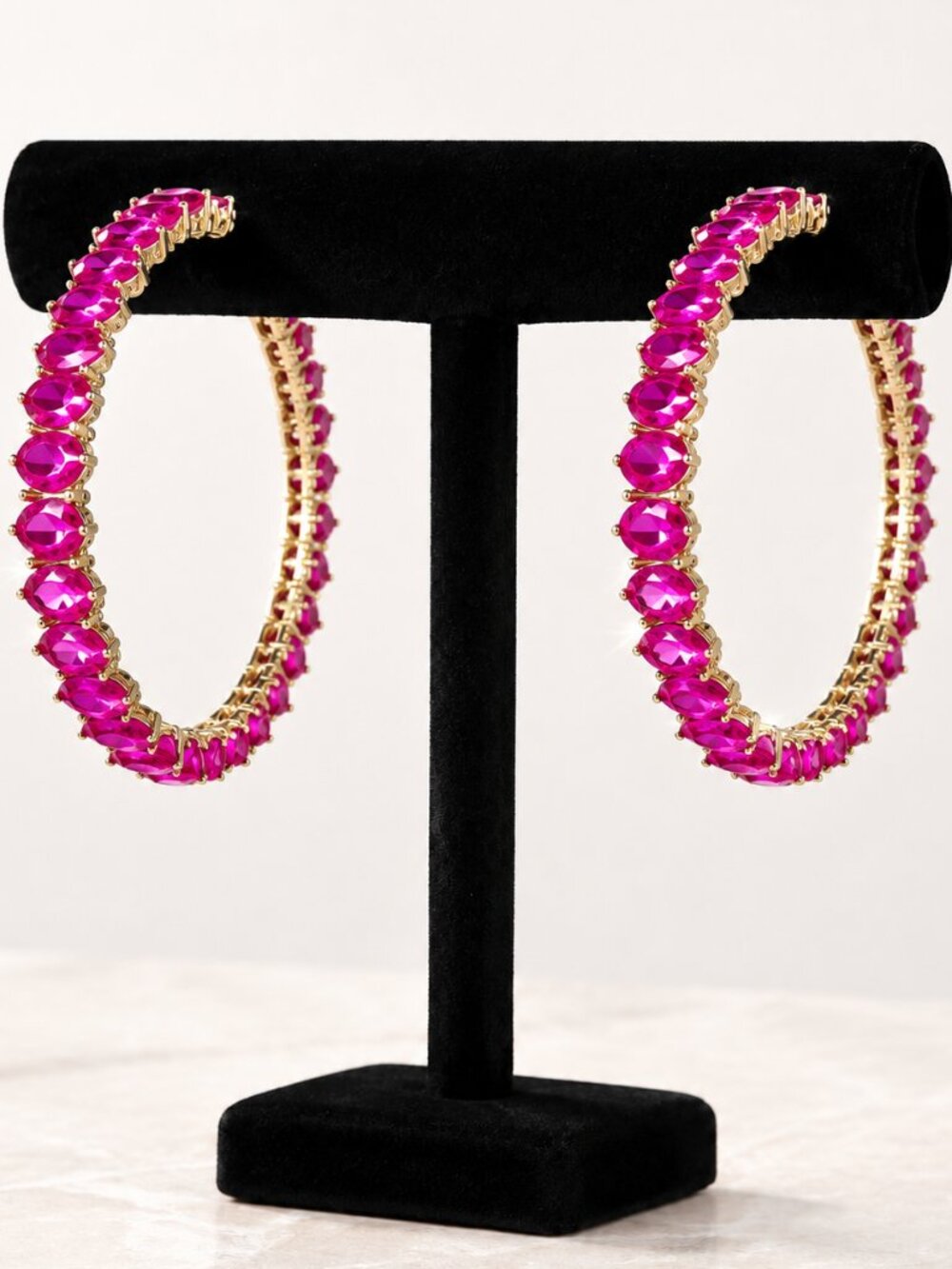 Large Pink Crystal Baquette Teardrop Eterna-Dip Gold 3" Wide 80mm Hoop Earrings